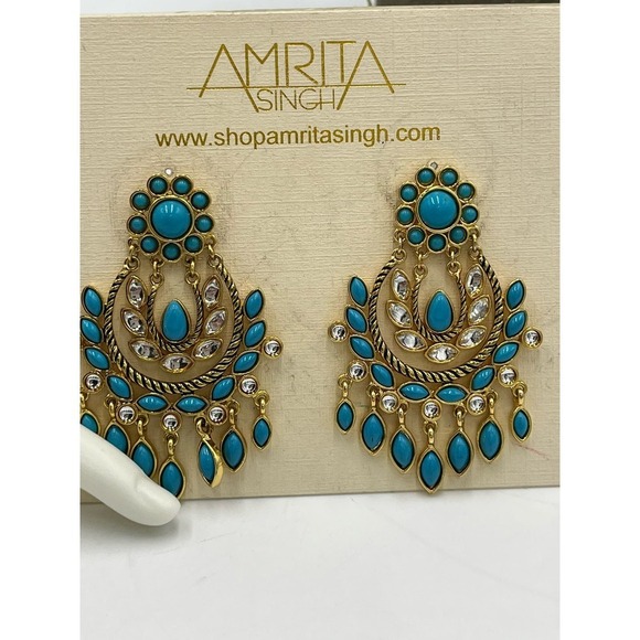 Amrita Singh Blue Cabochon Gold Tone Chandelier Earrings New - Picture 1 of 8